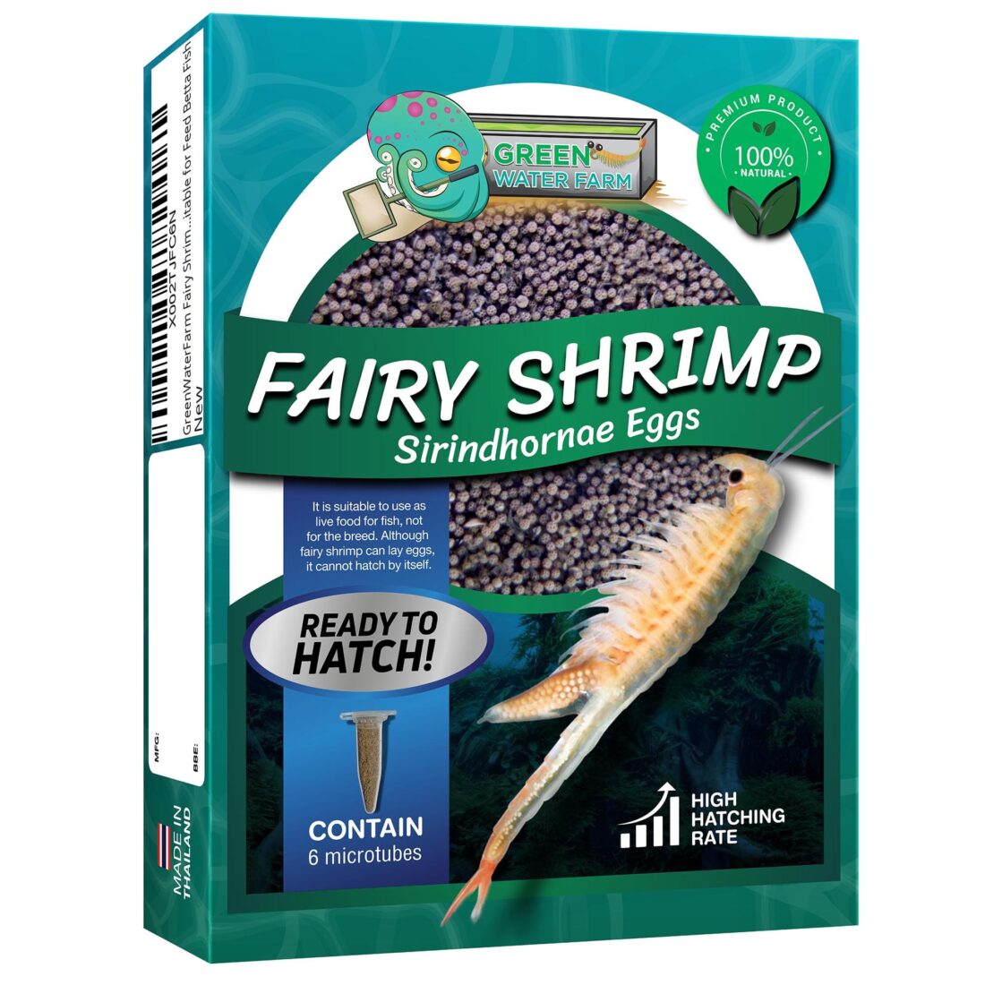 Box packaging of Fairy Shrimp Sirindhornae eggs with complete hatch kit and usage icons.