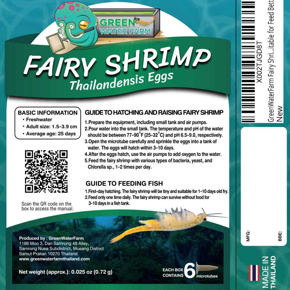 Detailed backside product label showing instructions, QR code, and product description for Fairy Shrimp Thailandensis eggs.