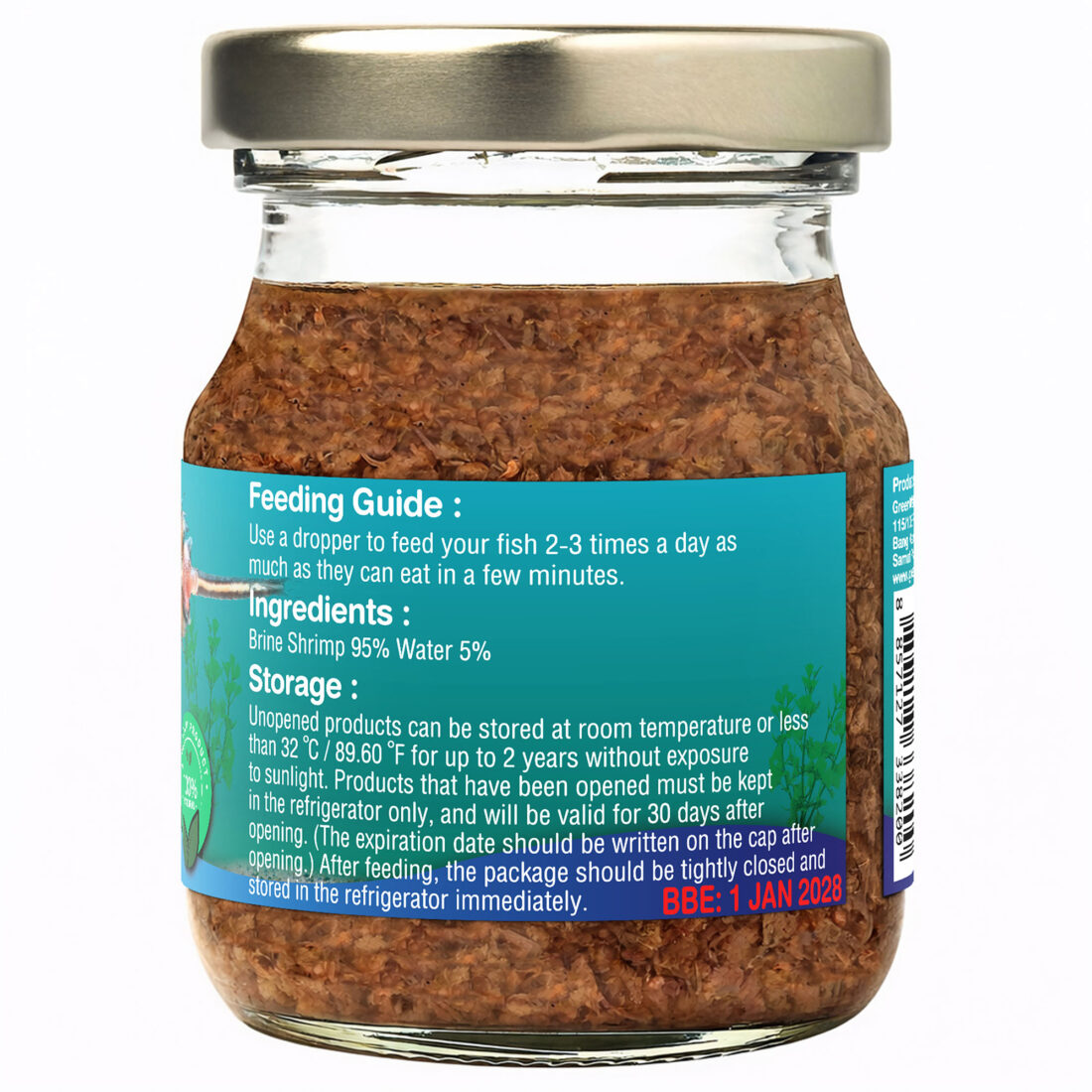Back label of Brine Shrimp Artemia fish food showing feeding instructions, ingredients, and storage information