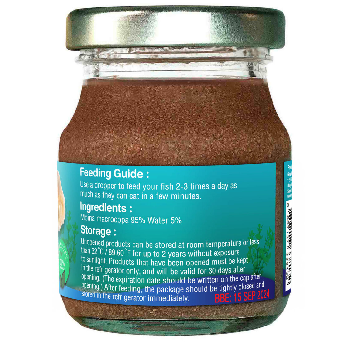 Side view of the sterilized Moina jar highlighting feeding guide, ingredients, and storage instructions.