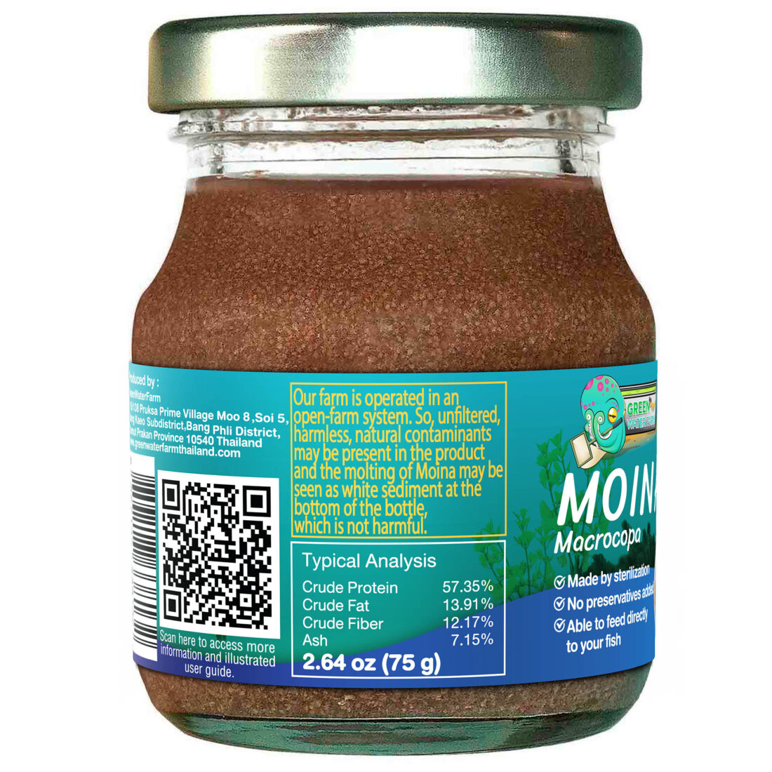 Side of Moina jar displaying clear nutritional information and product benefits.