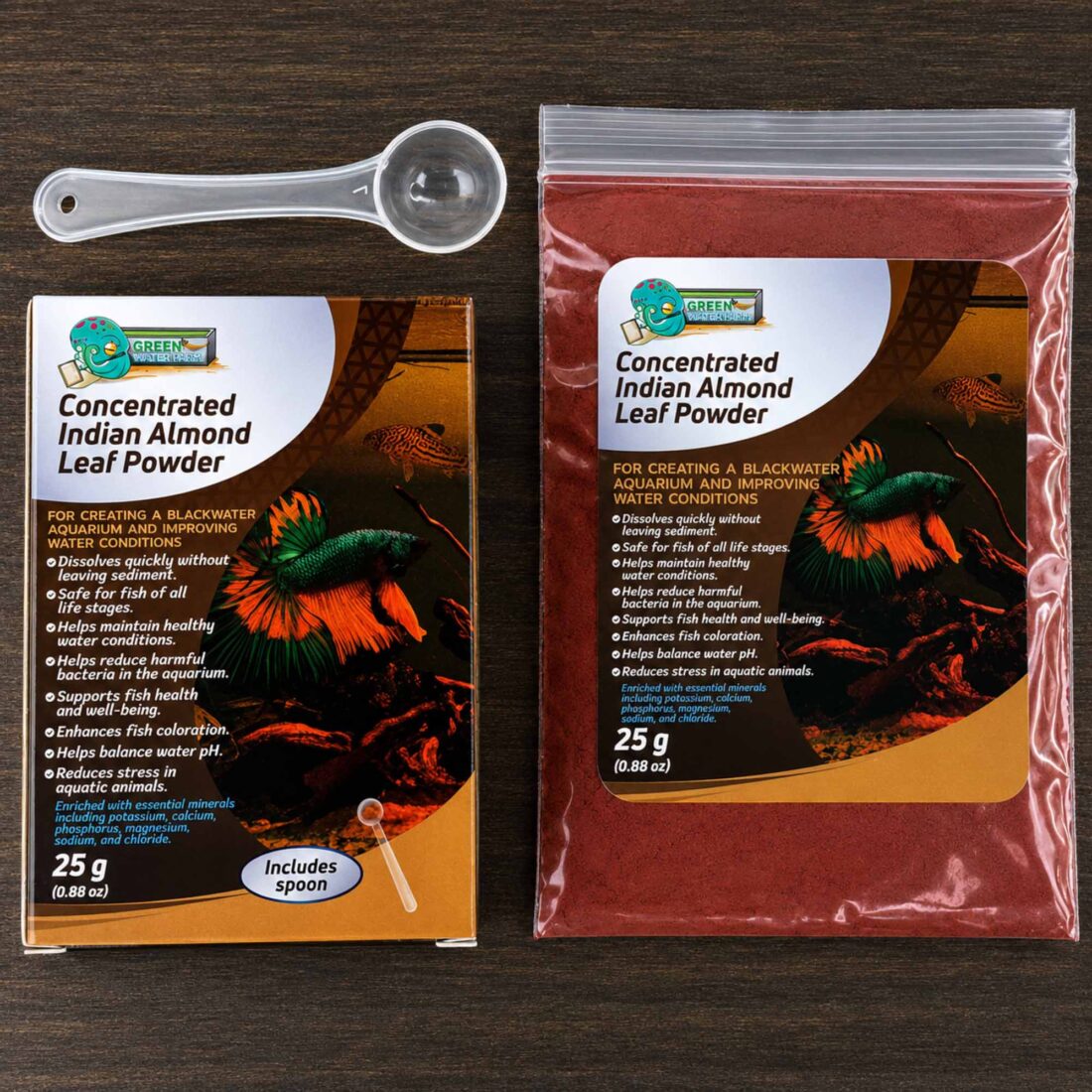 Product packaging alongside measuring spoon demonstrating ease of use for precise aquarium dosing.