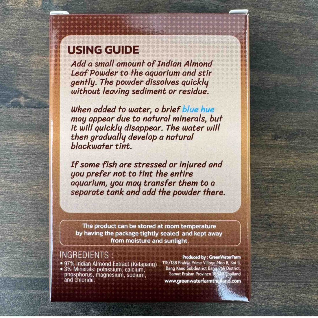 Detailed product description and usage instructions of Indian Almond Leaf Powder on the package.