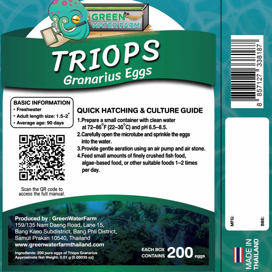 Backside of Triops Granarius egg packaging showing detailed usage instructions, ingredients, and QR code.