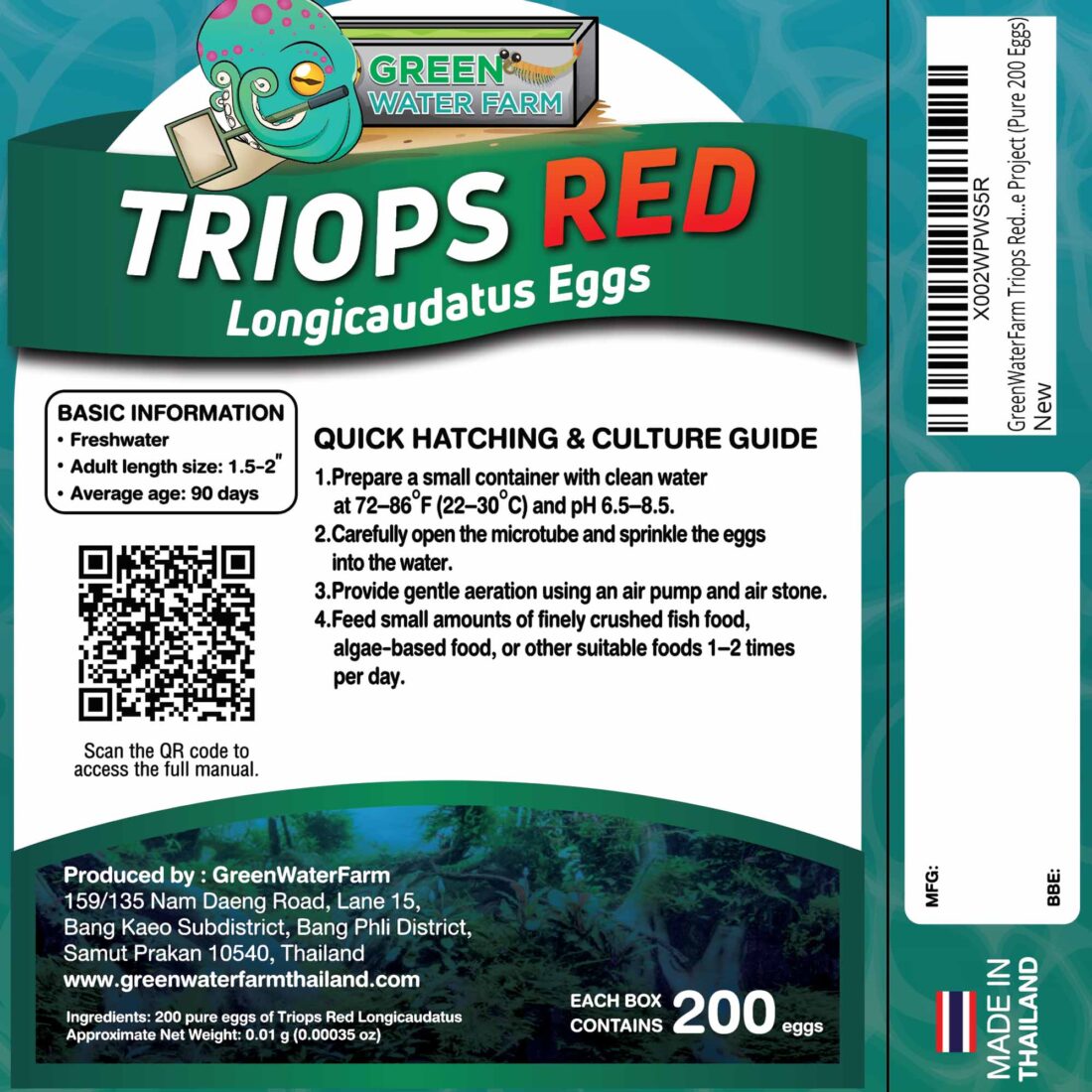 Backside of Triops Red eggs package showing detailed instructions, ingredients, and QR code.